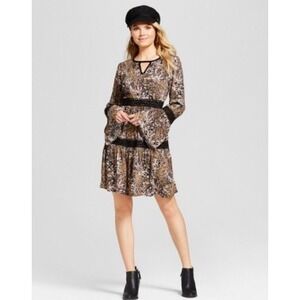 Knox Rose‎ Boho Tiered Dress Knee XXL Paisley Bell Sleeve Dark Cottage Woodland